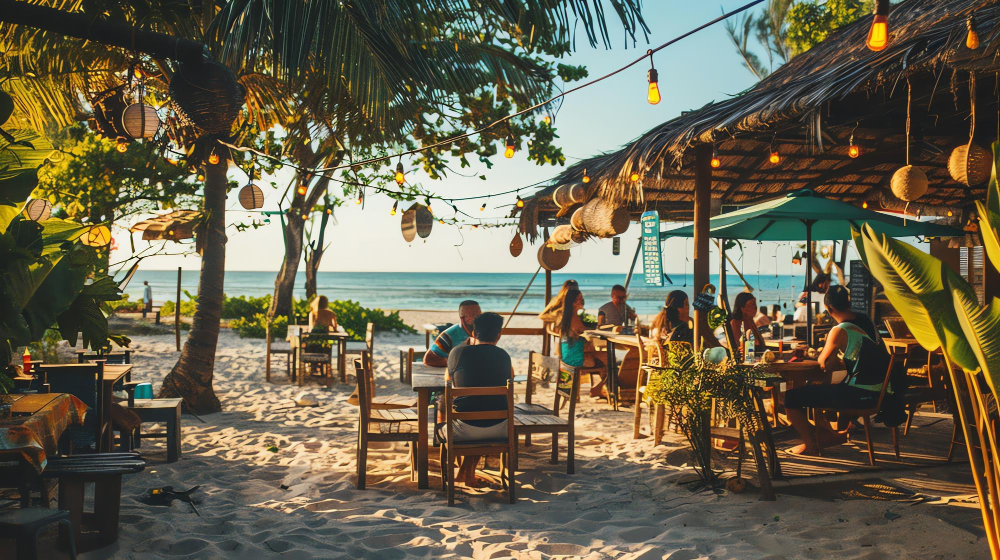 Atmosphärische Strandbar in Bali bei Sonnenuntergang mit Gästen