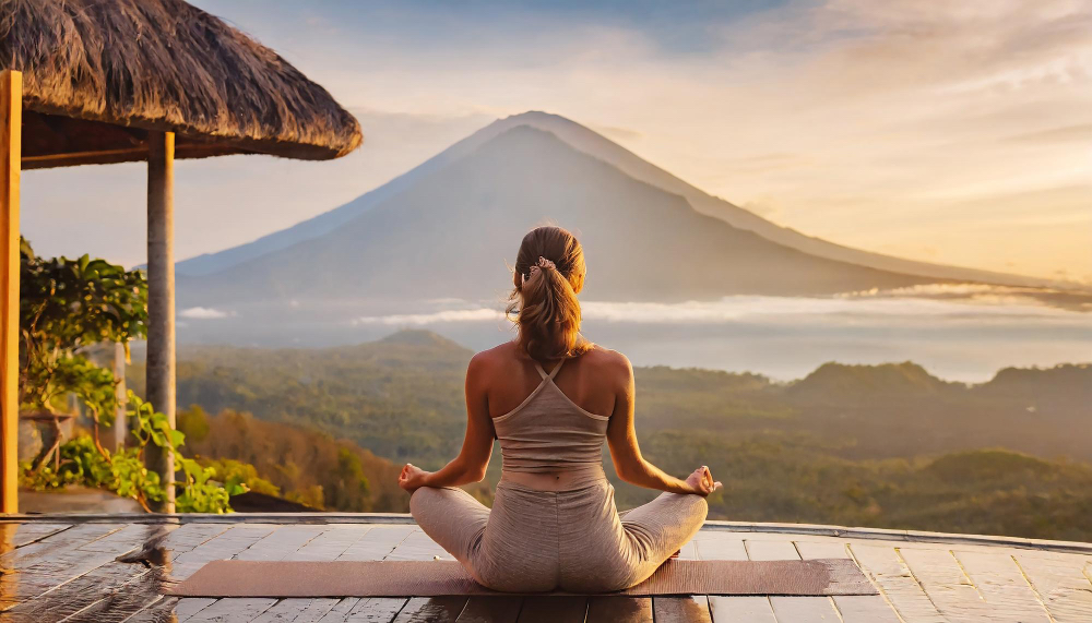 Frau praktiziert Yoga mit Blick auf den Vulkan Agung bei Sonnenaufgang