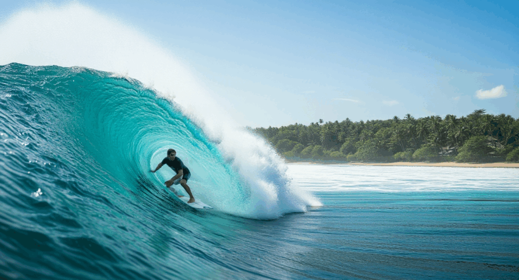 Surfer reitet eine perfekte Barrel-Welle vor der tropischen Küste Balis