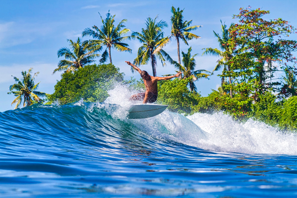 Surfer in Bali beim Turn auf einer Welle mit Palmen im Hintergrund