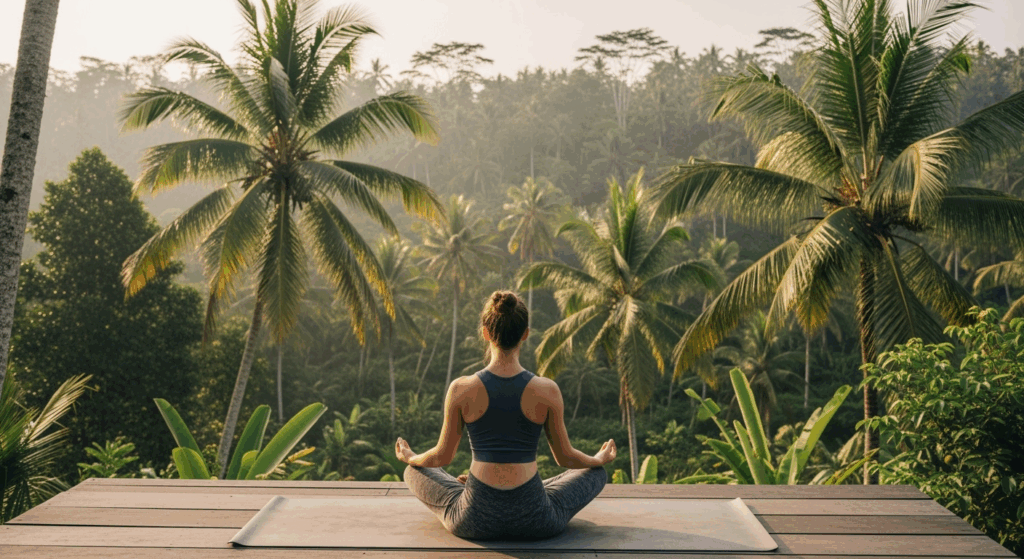 Frau beim Yoga auf Bali mit Blick auf Palmen und Dschungel