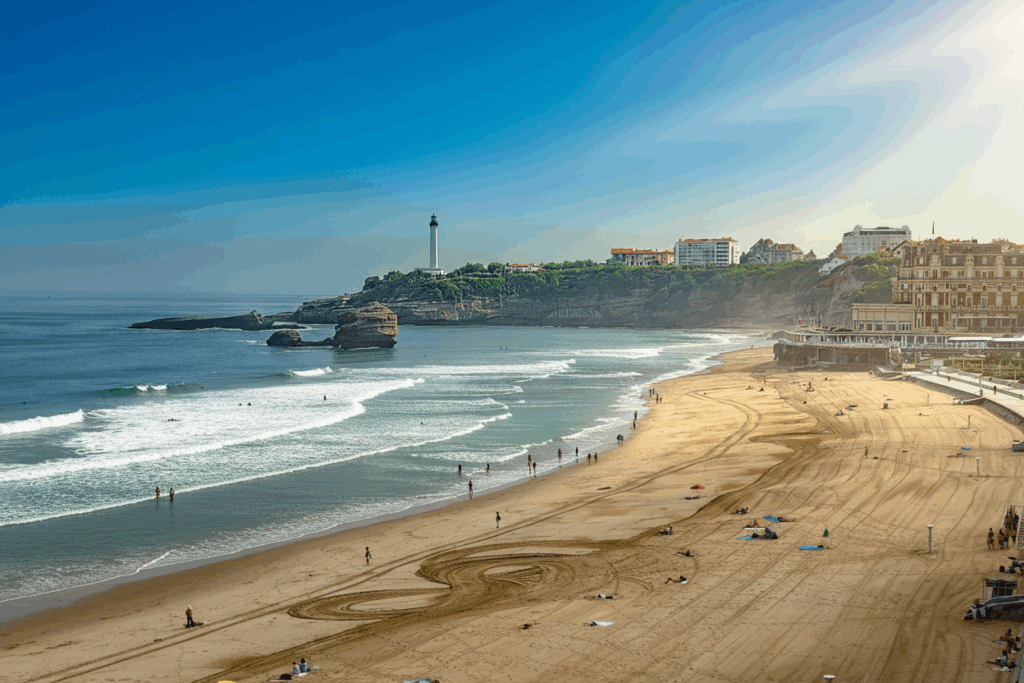 Panoramablick auf den Strand von Biarritz mit Leuchtturm, Wellen und Küstenpromenade in Frankreich