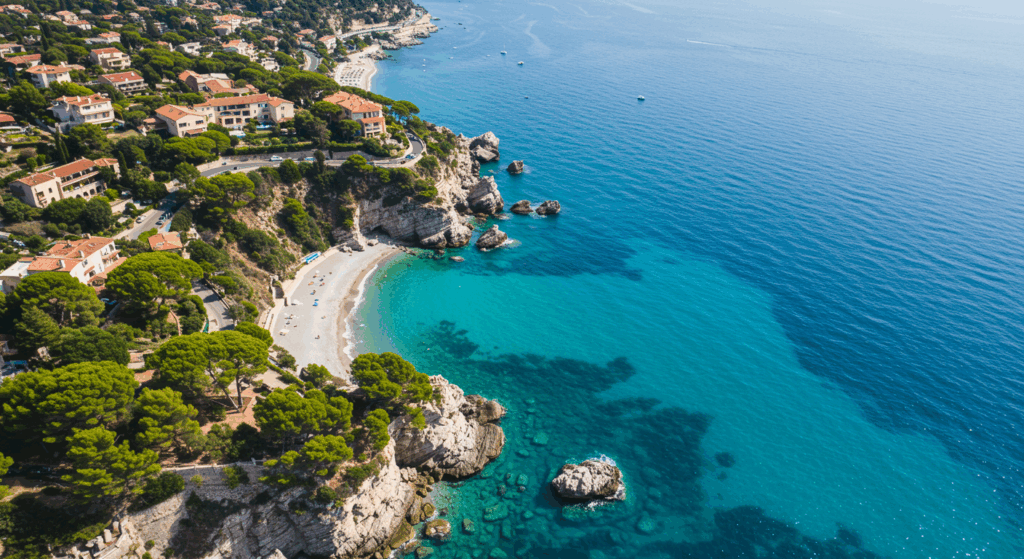 Malerische Bucht an der Côte d’Azur mit türkisblauem Wasser, Felsen und mediterranen Häusern in Südfrankreich