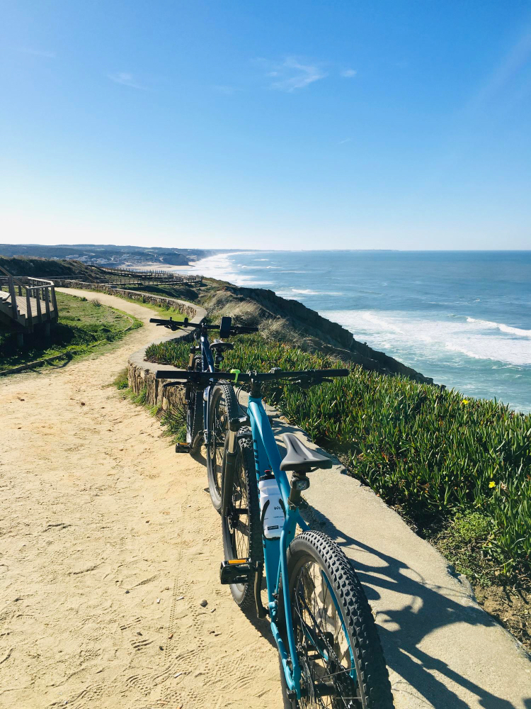Fahrräder auf einem Küstenradweg mit Blick auf den Atlantik in Les Landes