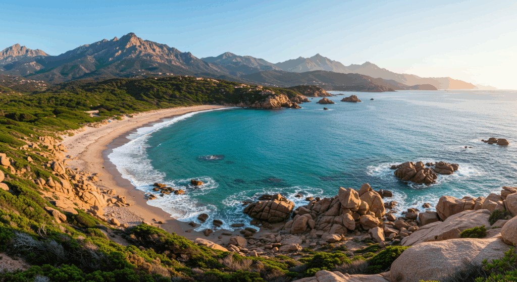 Panoramablick auf eine Bucht auf Korsika mit Sandstrand, roten Felsen und Bergen im Hintergrund