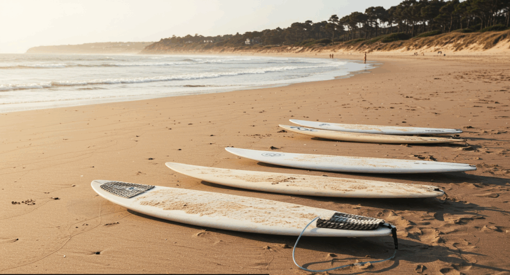 Mehrere Surfboards liegen am Strand von Les Landes in Frankreich