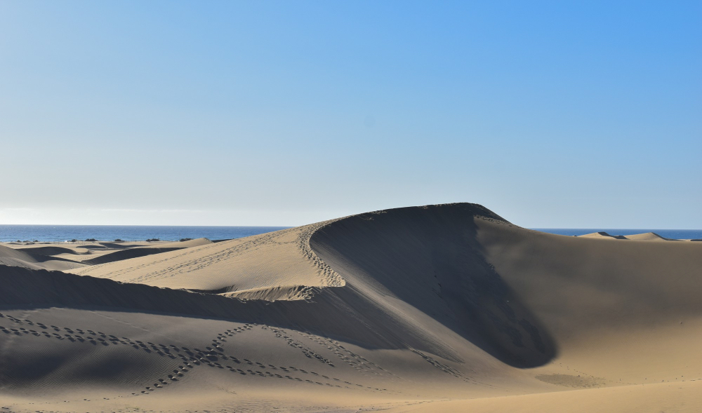 Weitläufige Dünen im Naturpark Corralejo mit Blick auf das Meer.