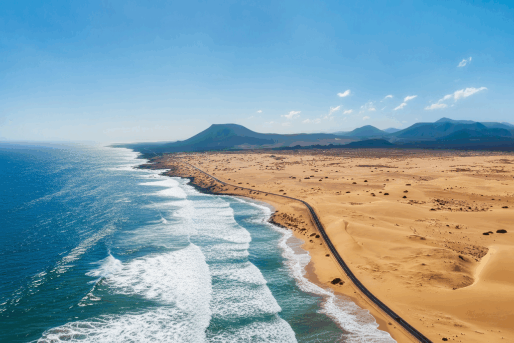 Luftaufnahme der Dünen von Corralejo auf Fuerteventura mit Küstenstraße und Atlantik – Naturhighlight der Insel