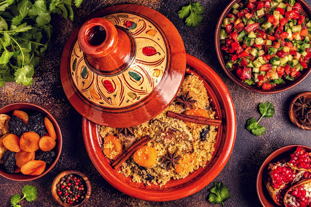 Traditionelle marokkanische Tajine mit Couscous, Gemüse und Gewürzen – authentische Küche Marokkos erleben