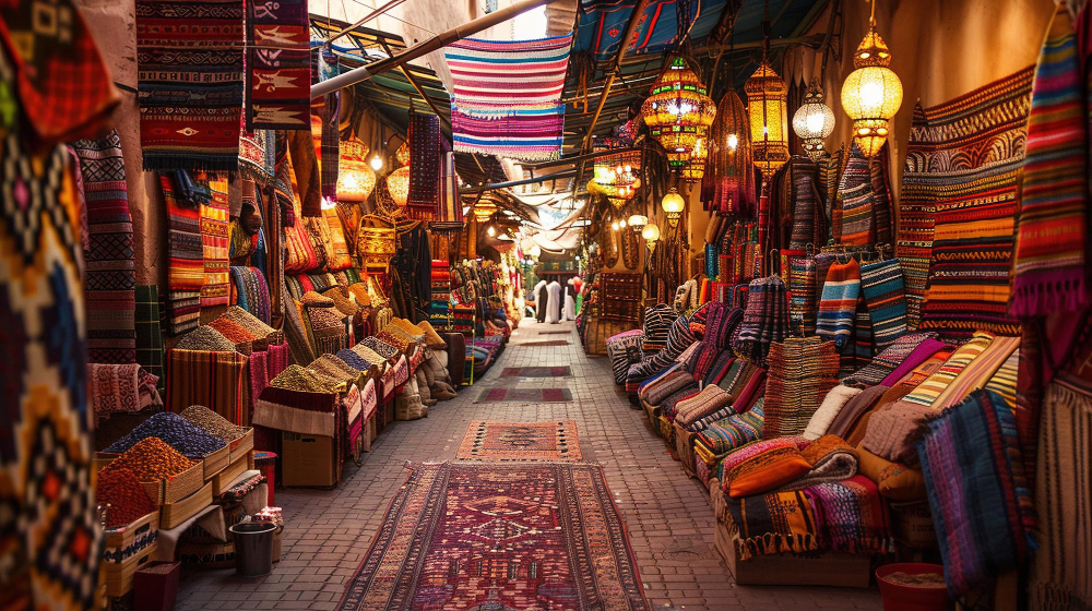Souk in Marrakesch mit bunten Stoffen, Lampen und orientalischem Flair