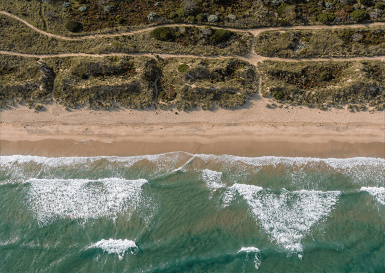 Luftaufnahme der französischen Atlantikküste mit Pinienwald, Sanddünen und türkisblauem Meer mit einrollenden Wellen.