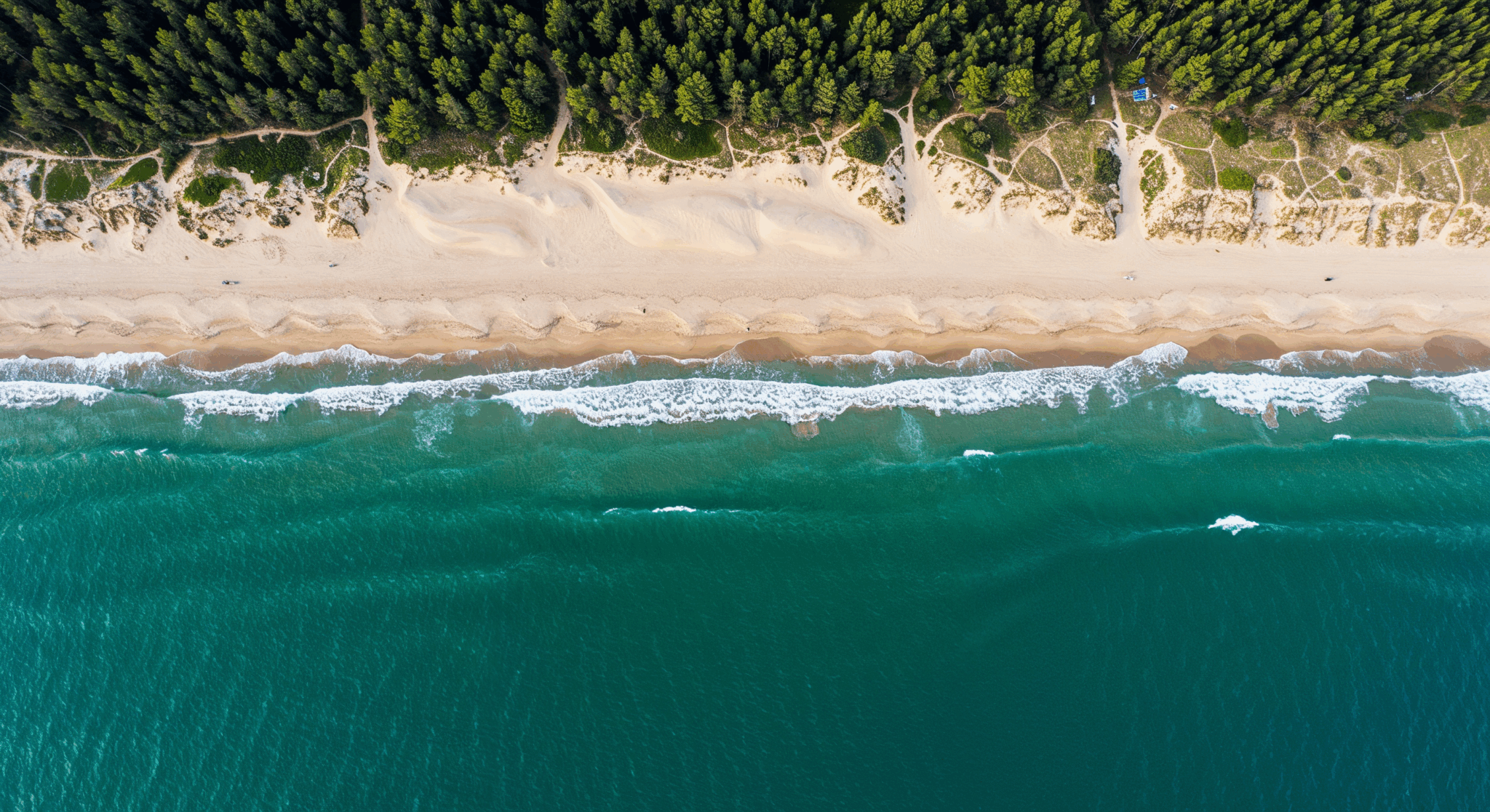 Luftaufnahme der französischen Atlantikküste mit Pinienwald, Sanddünen und türkisblauem Meer mit einrollenden Wellen.