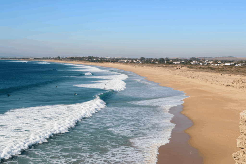 Langer Sandstrand in El Palmar, Andalusien – beliebter Surfspot an der Atlantikküste Spaniens