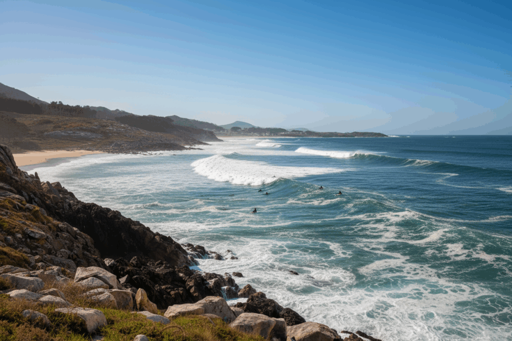 Surfer im Line-up an der Küste von Galicien, Spanien – weite Atlantikwellen rollen in Richtung Sandstrand