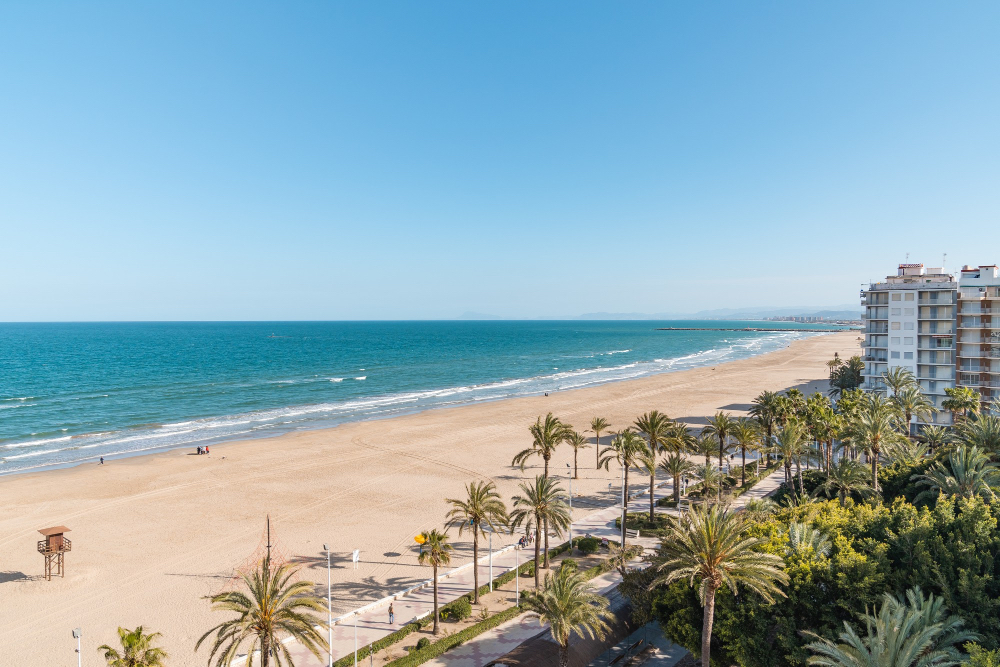 Breiter Sandstrand mit Palmenpromenade in Valencia, Spanien – ideal zum Surfen und Sonne genießen