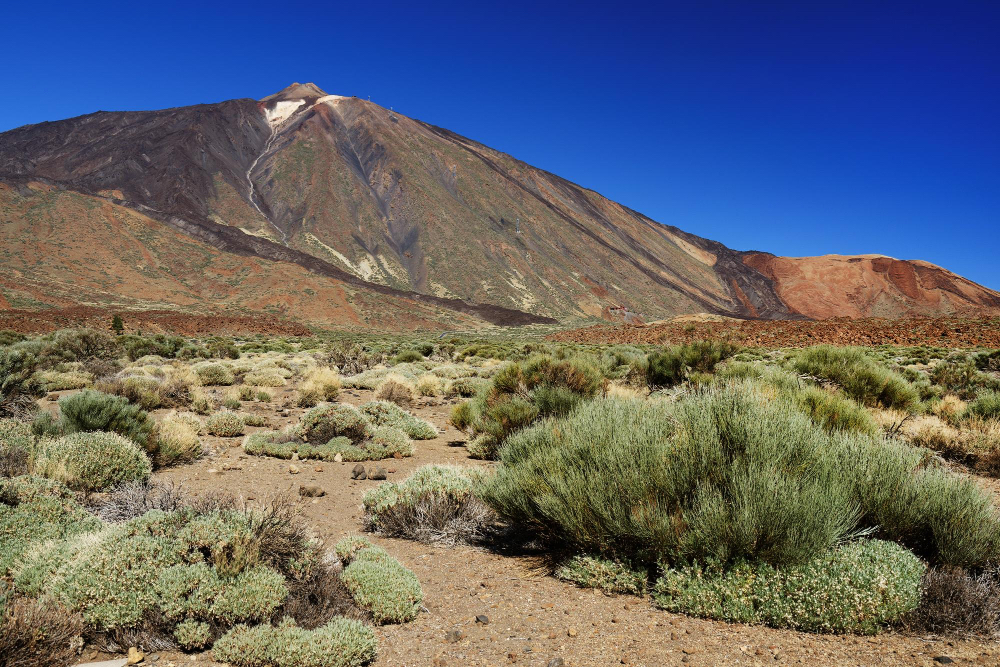Majestätischer Blick auf den Pico del Teide im Teide-Nationalpark auf Teneriffa mit klarer Sicht über die karge Vulkanlandschaft und tiefblauem Himmel.