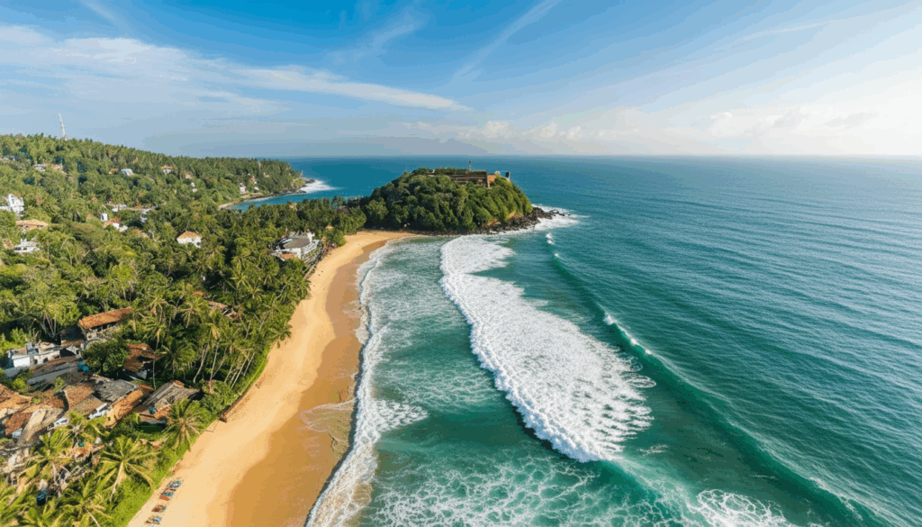 uftaufnahme von Weligama an der Südküste Sri Lankas – Palmenbucht mit goldenem Sandstrand und Felsen im Meer